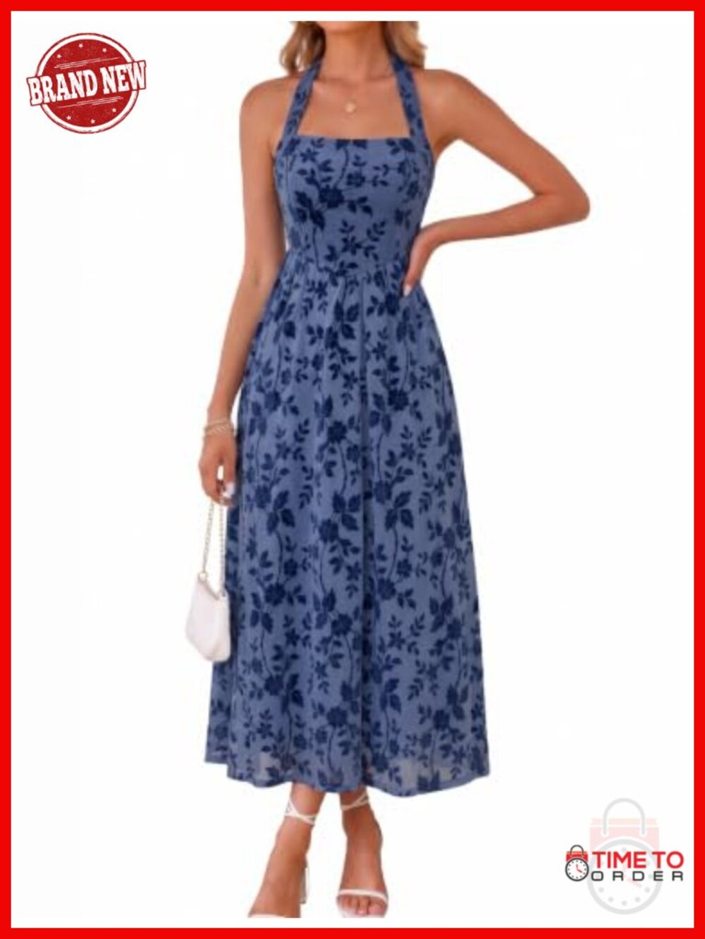Floral Halter Maxi Dress Sleeveless A-Line Open Back Wedding Guest